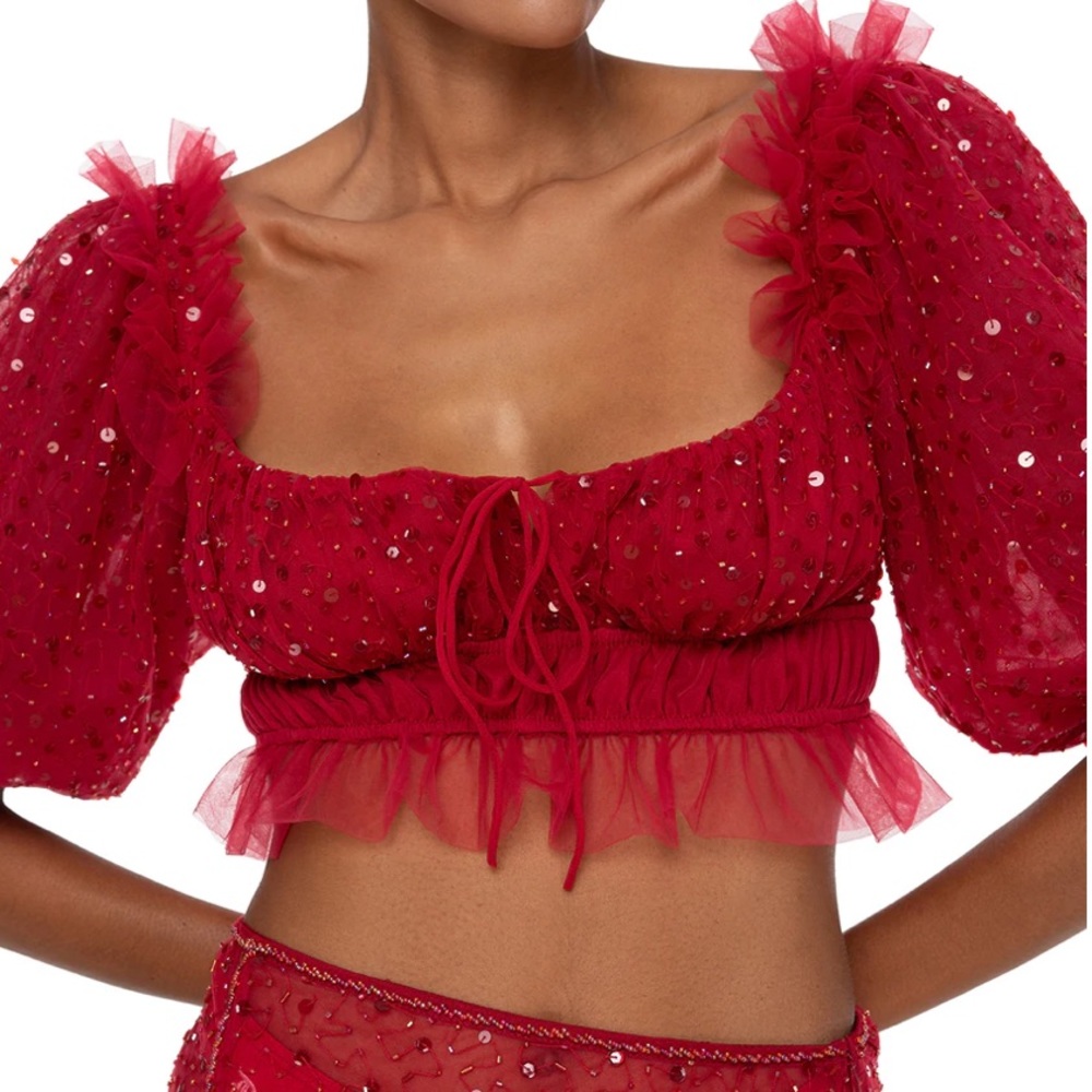 Ganni Red Sequin Crop Top